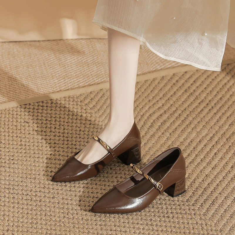 【爆款】真皮法式尖头粗跟秀气百搭千金少女风通勤四季棕色玛丽珍鞋