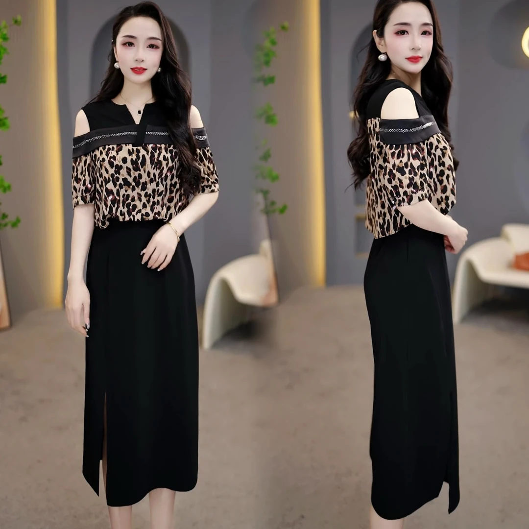 2025夏季季高级露肩假两件豹纹时尚洋气百搭连衣裙M-4XL