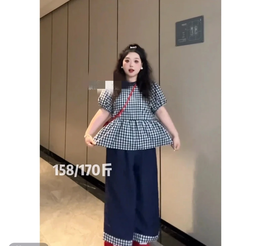 大码韩系夏季休闲格子无休背心阔腿裤两件套1901#