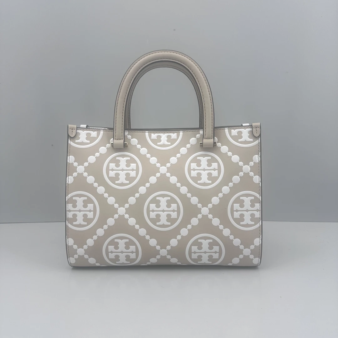 99新 TORY BURCH/汤丽柏琦 奶茶色T系列方托包25*19*10cmM081206