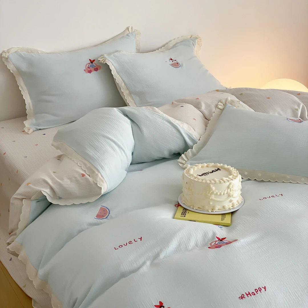 水星高端适用家纺小清新纯棉皱皱纱四件套新款卡通可爱小西瓜全棉