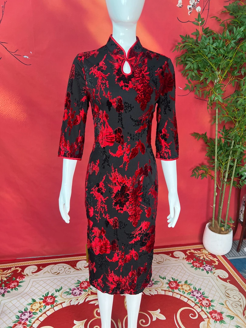 植物花卉长袖中长款宴会春夏复古时尚旗袍复古港风w4