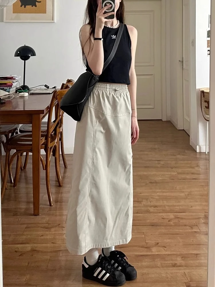 美式复古工装半身裙女夏新款胖mm遮胯显瘦高腰开叉中长款a字裙子