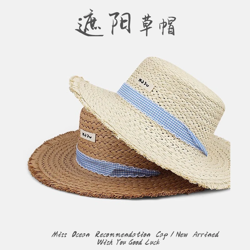 日系大檐草编帽子女夏季海边度假出游显脸小防晒遮阳帽草帽猴子