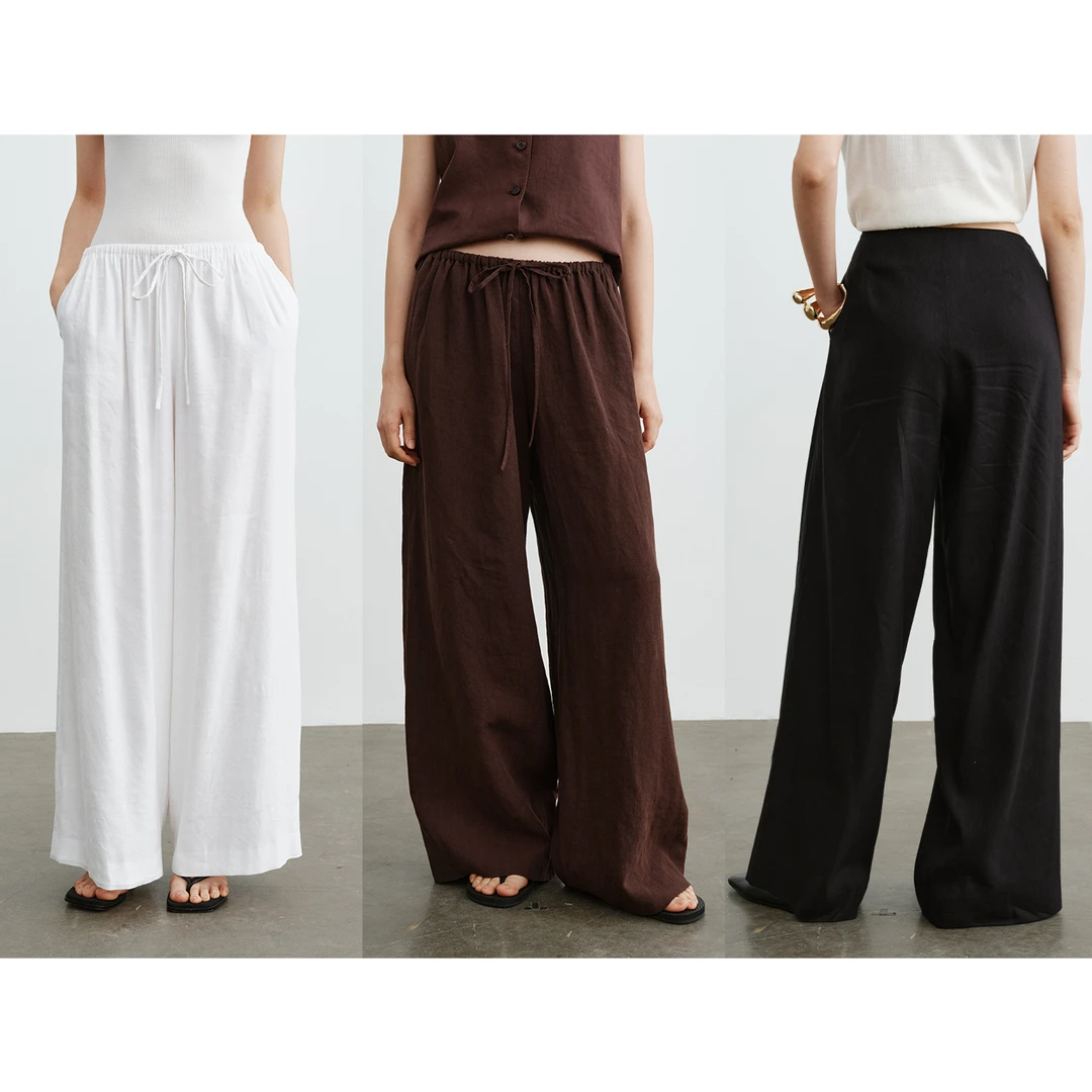 Ayuko｜盛夏“纸袋裤”亚麻舒弹佰搭松弛松紧腰宽松直筒休闲裤0736