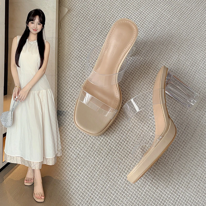 史蒂夫·马登一字带透明高跟防水台凉鞋2025夏季新款粗跟外穿拖鞋