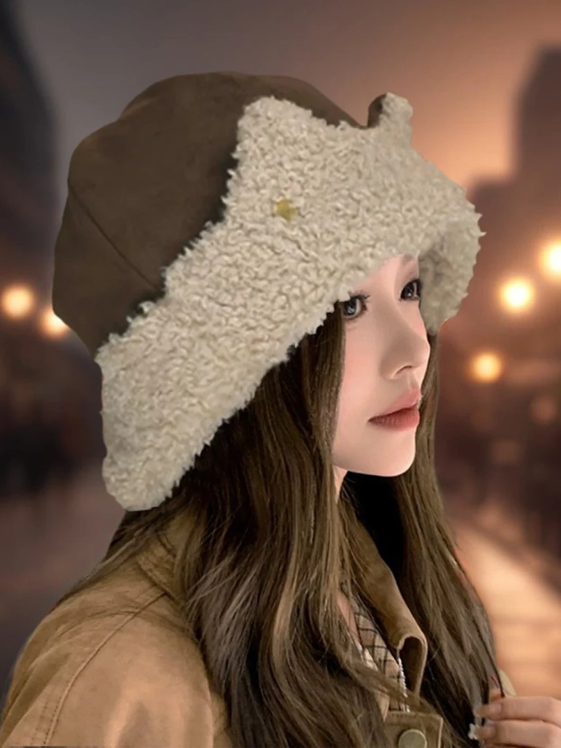 2025冬季新款可爱猫耳毛绒雷锋帽子女大头围显脸小保暖护耳套头帽