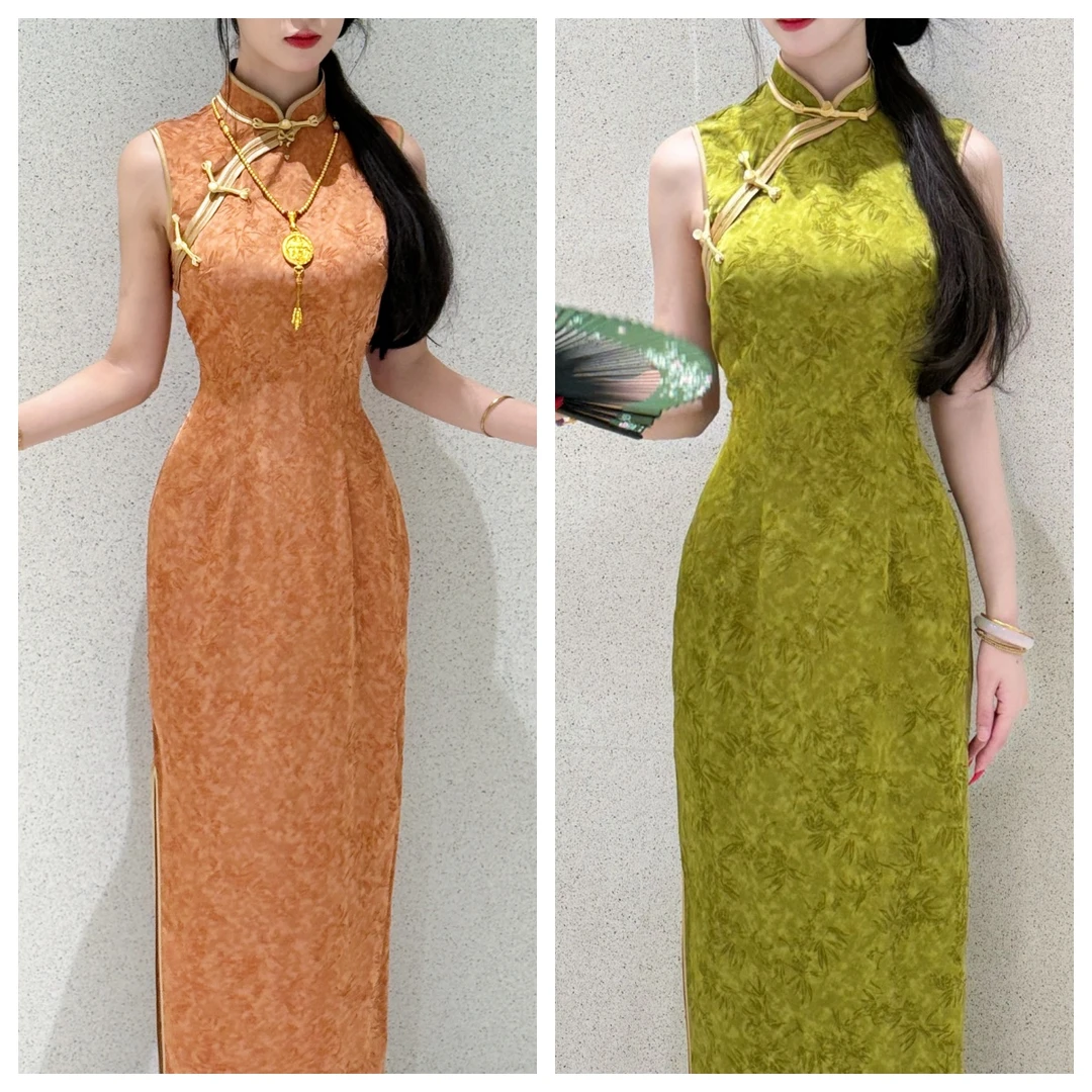 LHMknk1画报夫人原创自制纯色夏季改良新中式旗袍 玉绿竹叶+橘叶