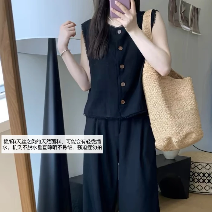 夏季休闲无袖3220马甲女慵懒风高腰垂感宽松阔腿裤减龄两件套装女