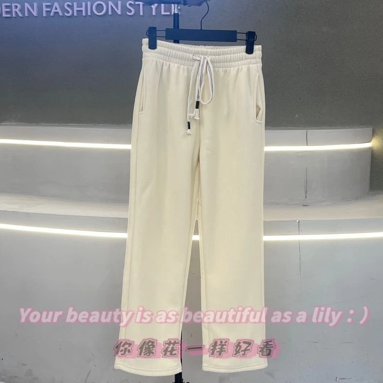 加绒加棉米白色长裤2024冬季新款休闲舒适宽松显瘦阔腿裤百搭女