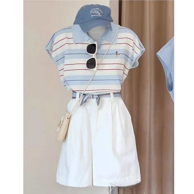 撞色条纹polo领针织冰丝小飞袖短款上衣女2025夏季小个子短袖t恤