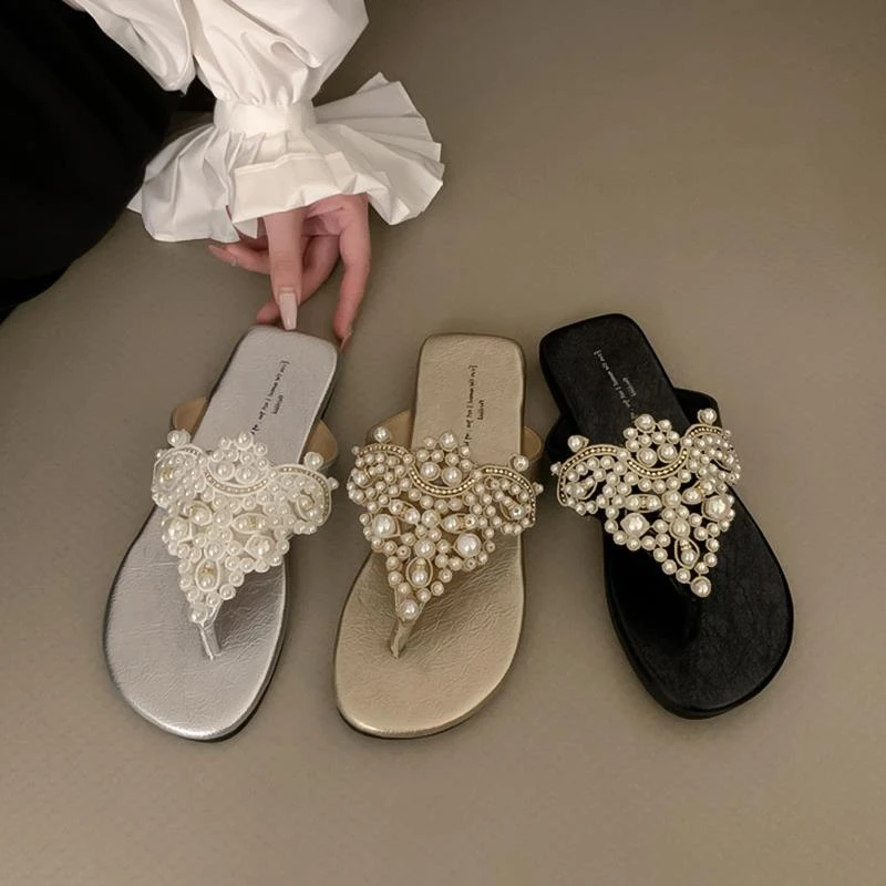 温柔仙女风夹脚趾人字拖鞋女夏外穿新款珍珠沙滩时尚百搭凉拖鞋子