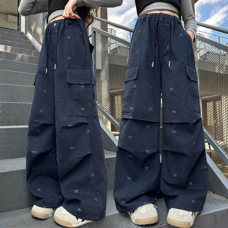 女童秋季直筒工装裤2025新款6-12岁大童洋气休闲裤子宽松阔腿裤潮