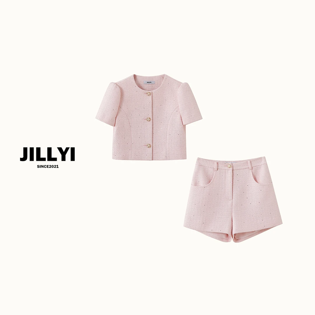 JILLYI珠海店【草莓糖果】粉嫩樱花色系粗花呢套装时尚休闲春夏显瘦
