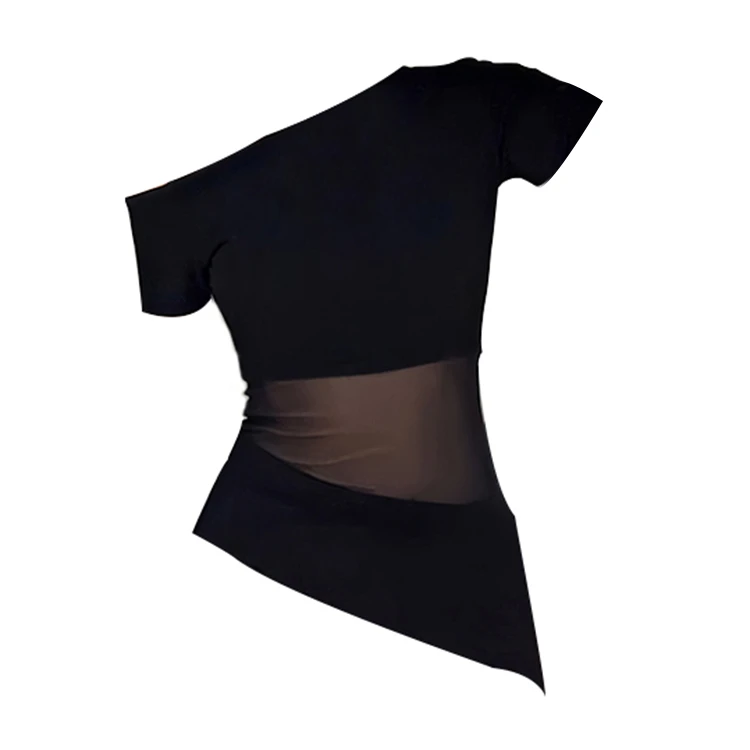 纯欲辣妹高级感斜肩网纱拼接短袖T恤女夏季性感收腰显瘦露肩上衣