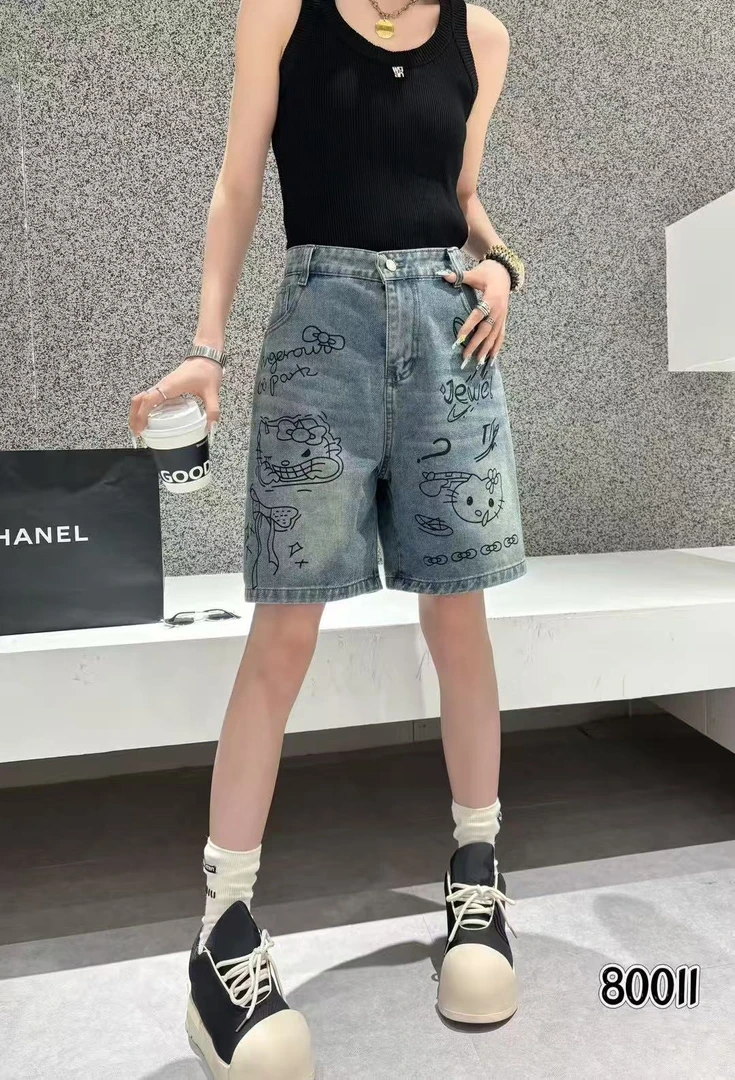 微胖大码kitty涂鸦五分牛仔短裤