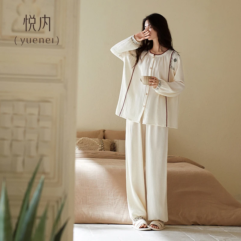 悦内睡衣女士春秋款秋天纯棉长袖全棉纱布家居服法式民族风可外穿