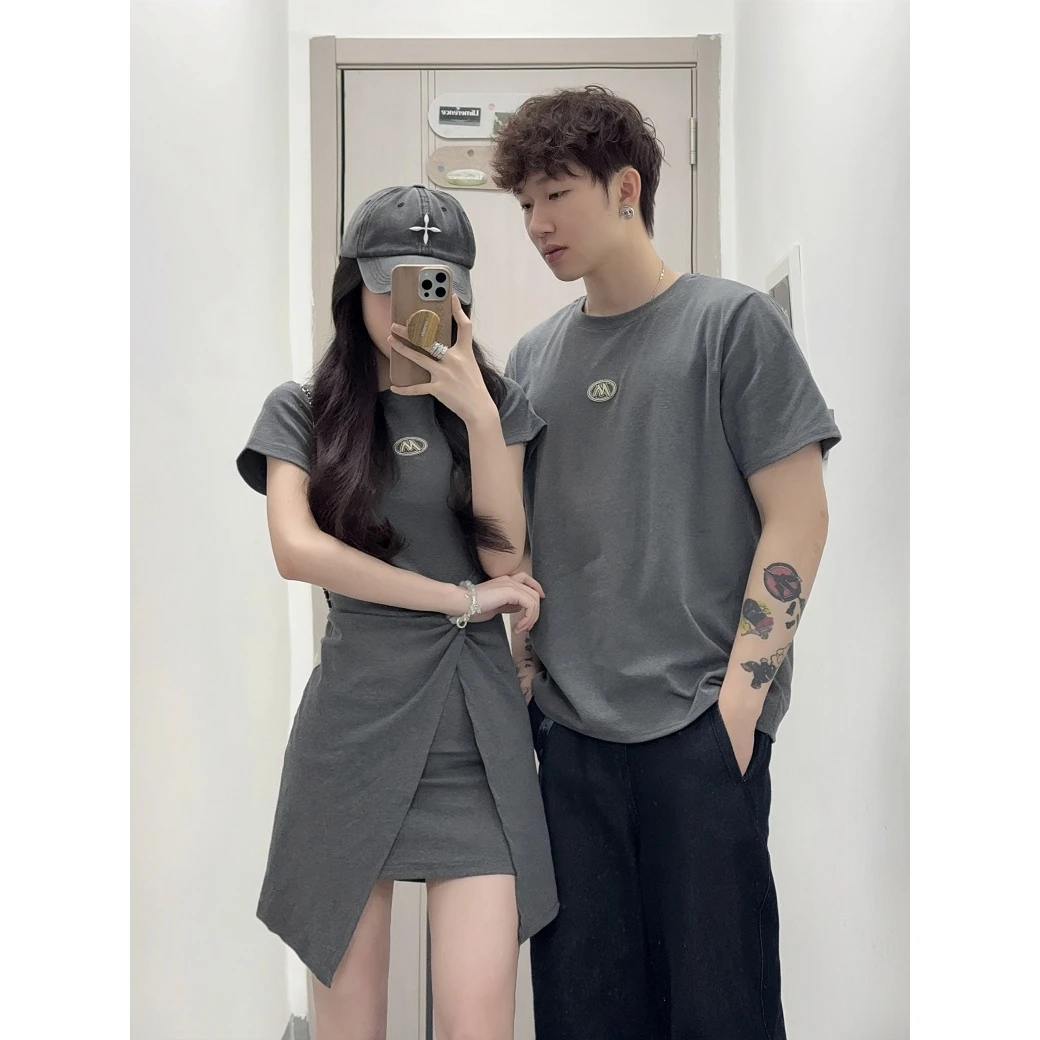 情侣装夏装2025新款设计感小众法式假两件短袖t恤连衣裙百搭显瘦