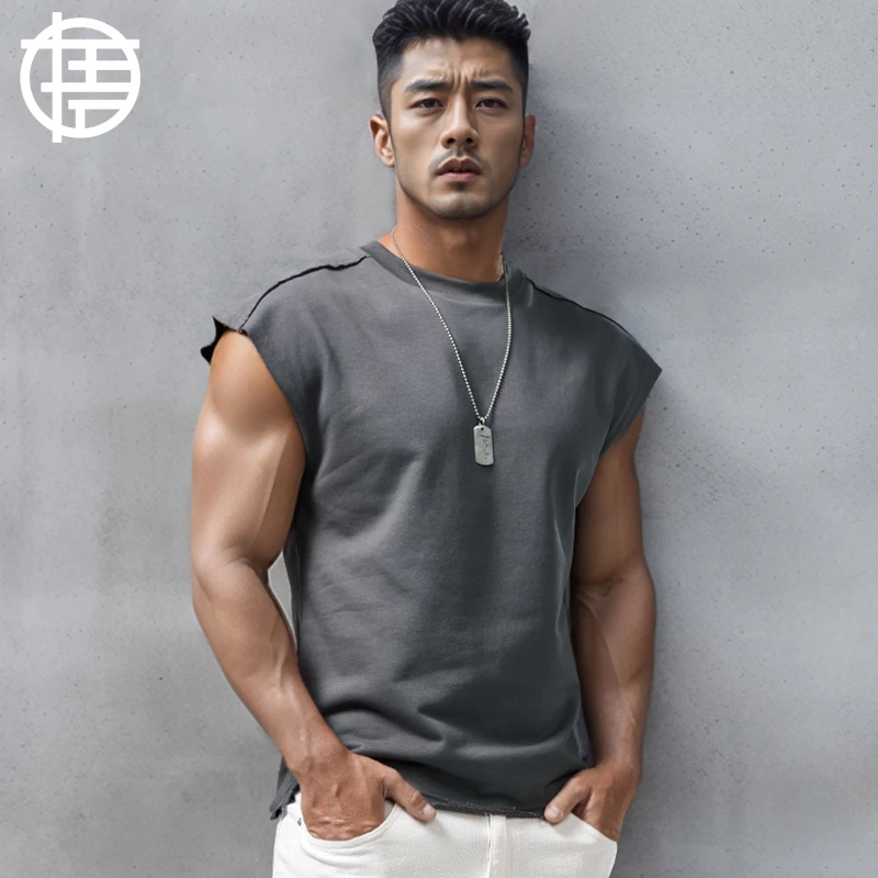 落肩无袖t恤男宽松纯色棉运动健身坎肩砍袖夏季260G重磅宽肩背心