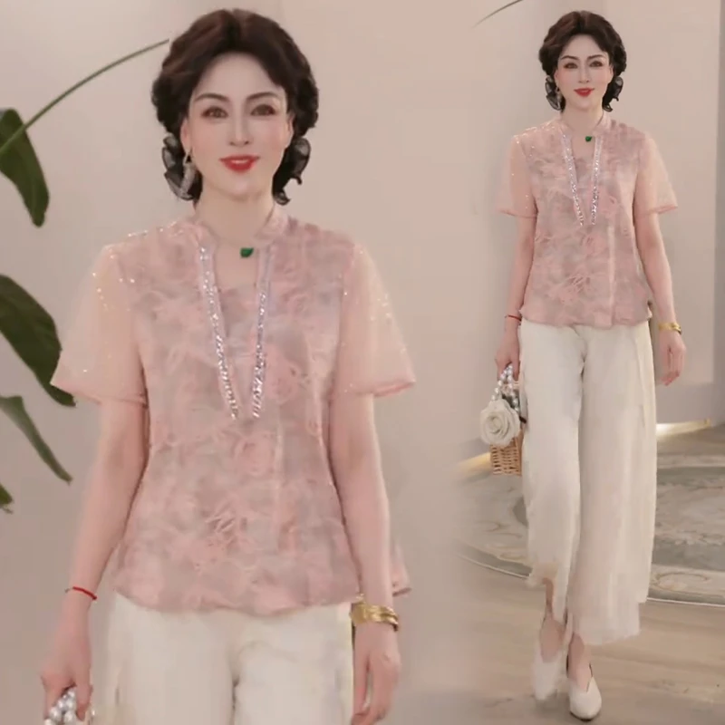 2025夏季新款妈妈装高级感轻薄雪纺小衫时尚洋气时髦中老年两件套