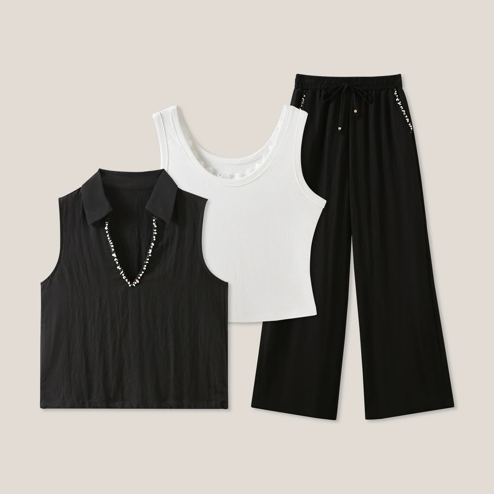 时尚百搭梭织麻料马甲三件套套装MD26143