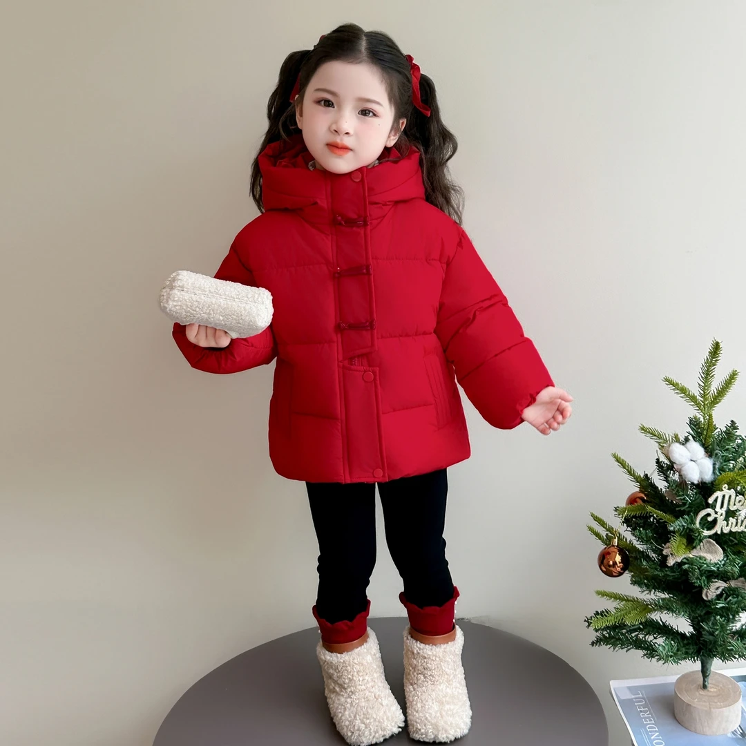 中小童冬季时尚盘扣加厚棉衣2025新款儿童洋气女宝宝连帽棉服外套