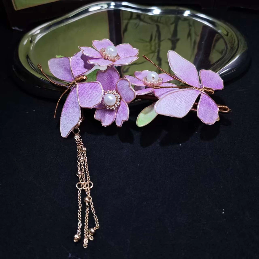 云鬓花古风饰品古装发饰仙气绒面发夹 蝶紫琼花（孤品汉服发饰B657
