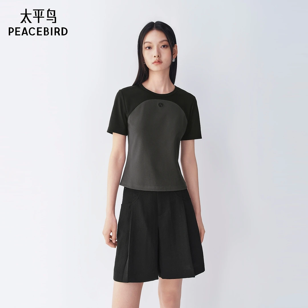 【陈嘉尔专属】太平鸟不规则撞色拼接层次感短袖T恤夏新款ABCNG2249