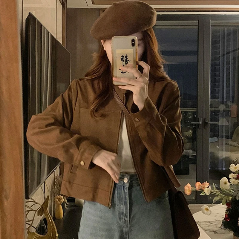 咖色短款麂皮绒秋天外套女2025春秋季新款复古上衣立领高腰夹克衫