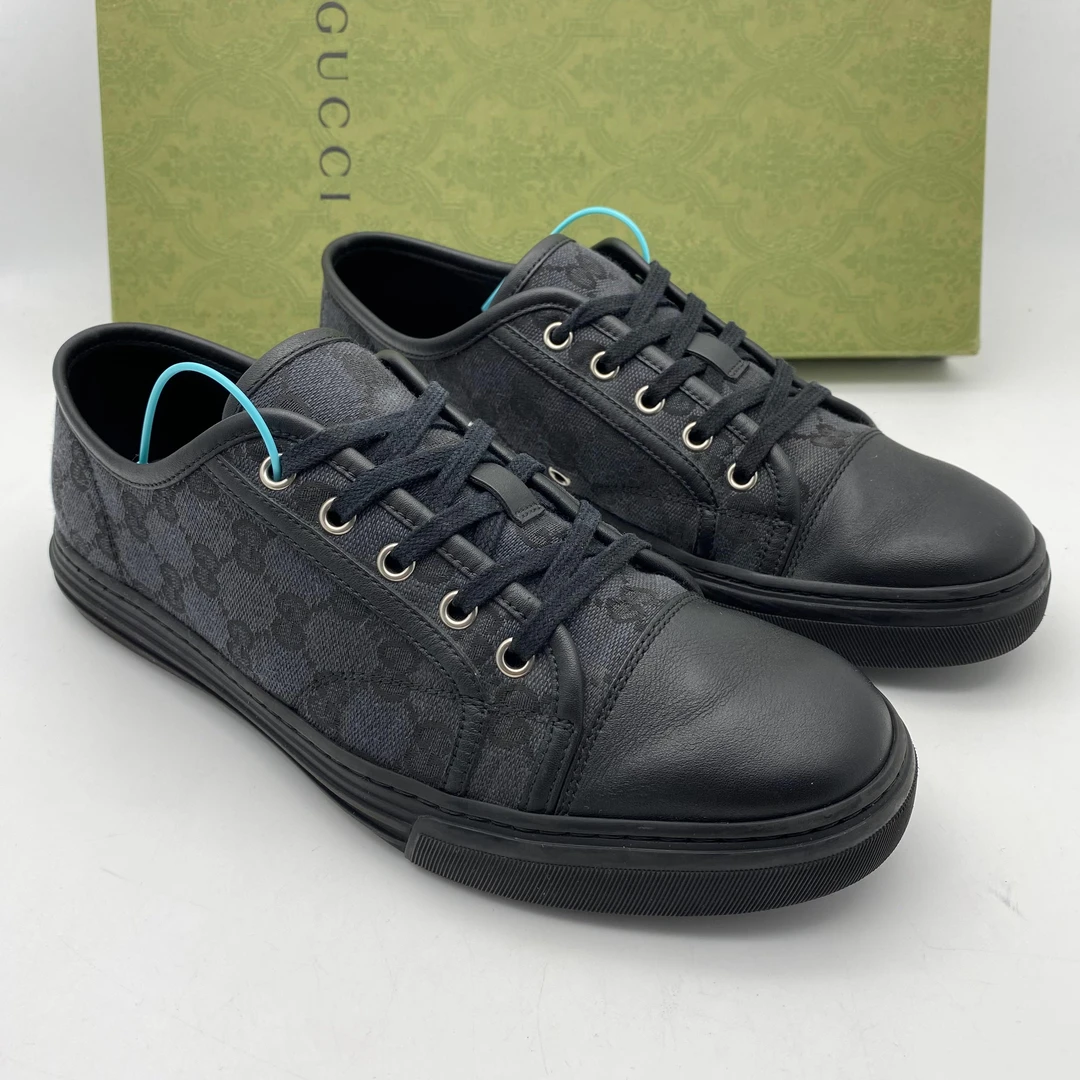 95新 GUCCI/古驰  40欧码 二手男款 黑色印花帆布休闲老花板鞋