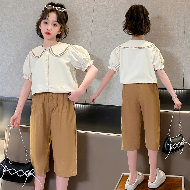 女童夏季休闲套装2025新款洋气中大童娃娃领衬衫中裤两件套夏装潮