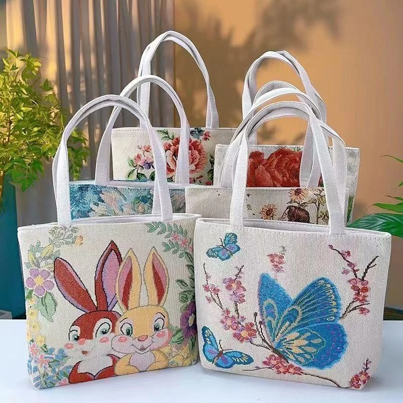 双面金丝手提帆布小包耐磨耐脏时尚百搭款刺绣带拉链手拎外出提花