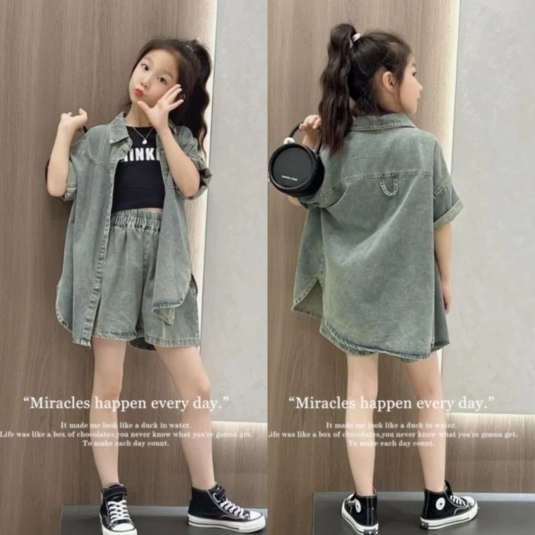 女童短袖牛仔衬衫港风套装2025夏季休闲复古宽松短裤两件套爆款