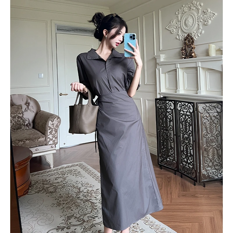 2025秋新款懒人时髦通勤气质修身系带收腰连衣裙女显瘦衬衫裙