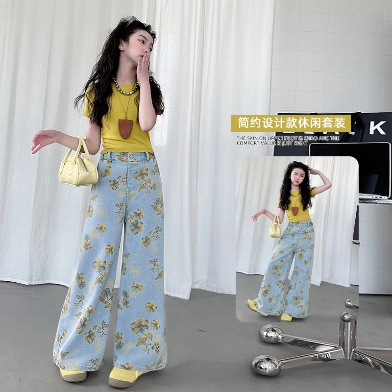 【毛妈潮牌】女童夏季时髦宽松牛仔裤2025中大童高腰宽阔腿裤两件套