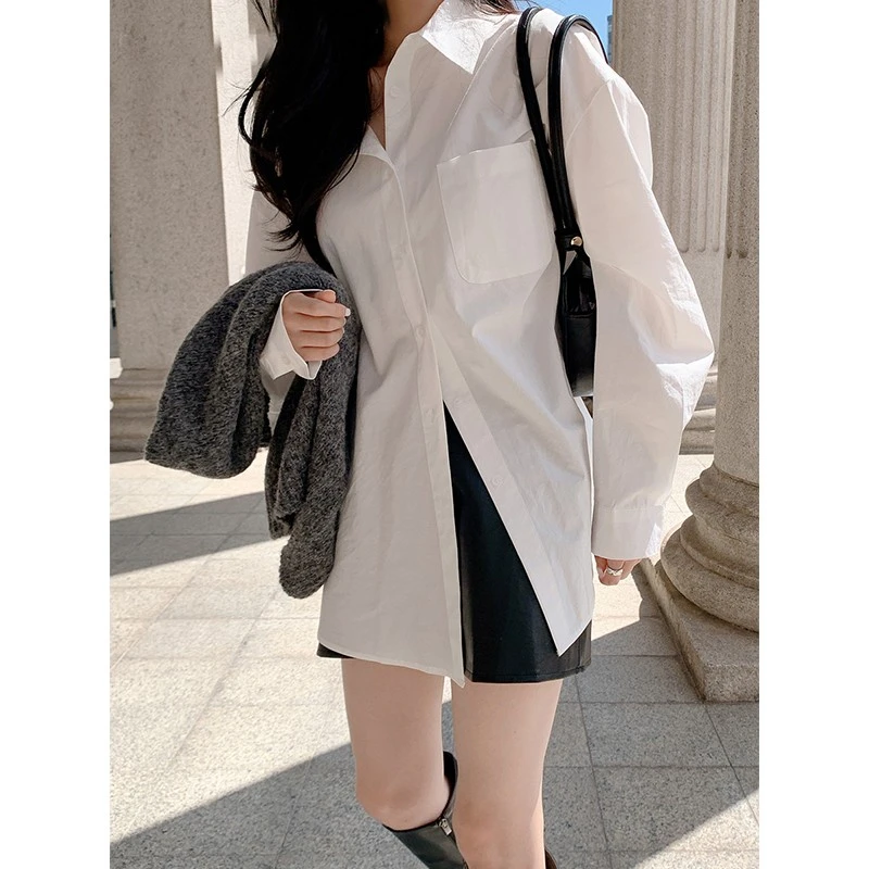 白色polo领衬衫女春慵懒休闲长袖上衣宽松外搭中长款防晒外套衬衣