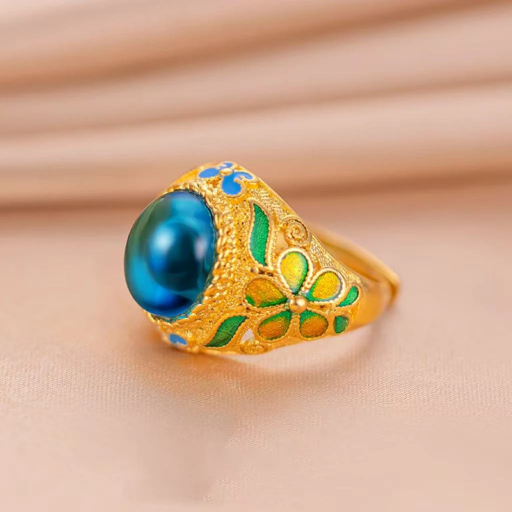 【现货现发】清澈蓝蝶恋花戒指复古女款