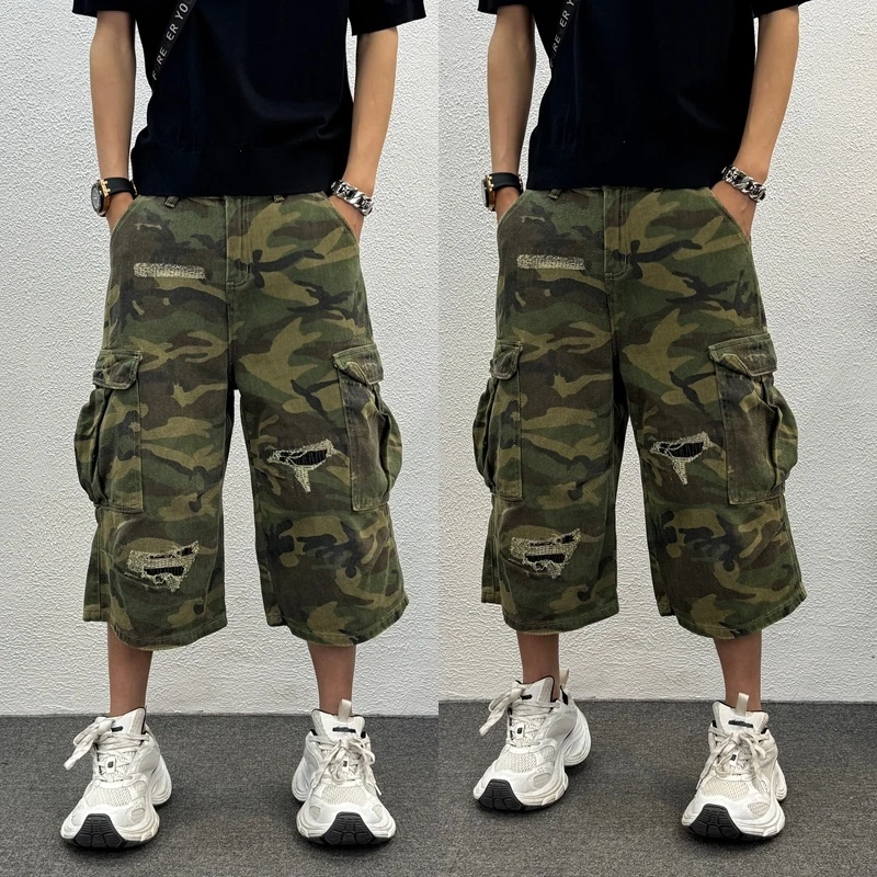 水洗男士牛仔裤破洞港风七分裤2025夏季短裤男男士夏季破洞短裤子