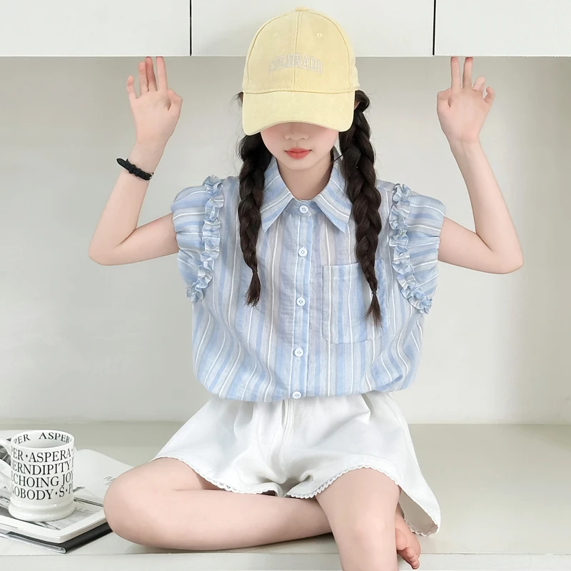 女童夏季套装2025新款大童洋气花边竖条衬衫宽松短裤休闲薄款夏装
