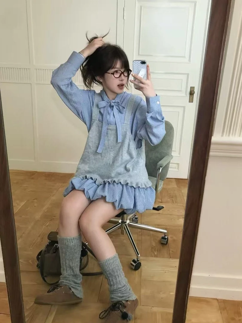 韩系复古格子蝴蝶结系带衬衫裙显瘦花苞裙女秋装女款爆款2025新款