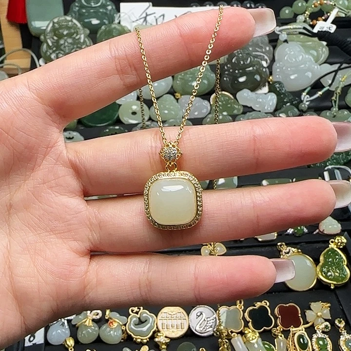 颈饰银S925镶嵌和田玉送链子送绳