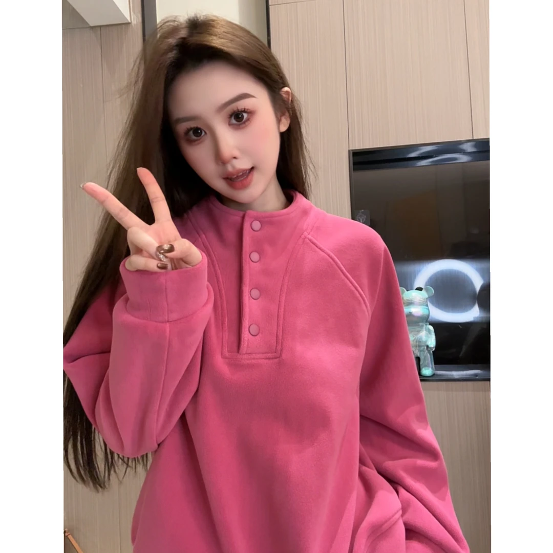 1591加绒加厚立领套头卫衣冬季新款百搭保暖女士