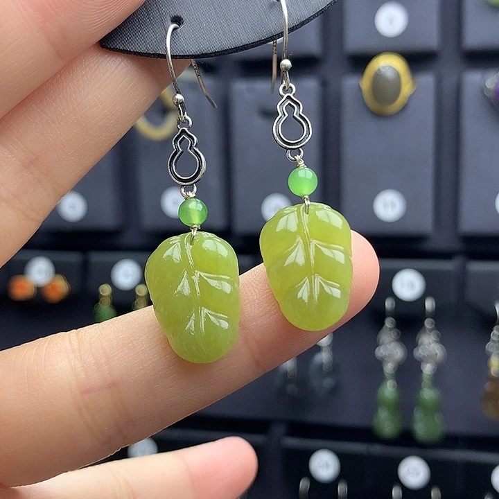 和田玉耳饰银S925镶嵌