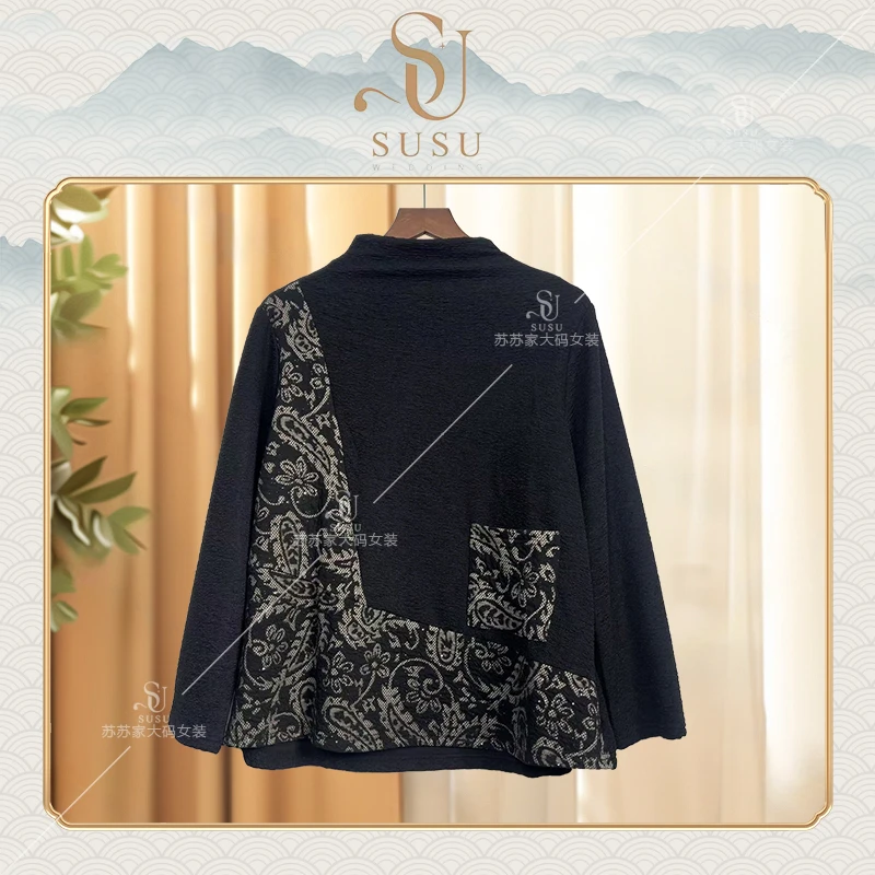 208#1805-黑色腰果花拼接立领上衣-F/时尚百搭厚款上衣T恤