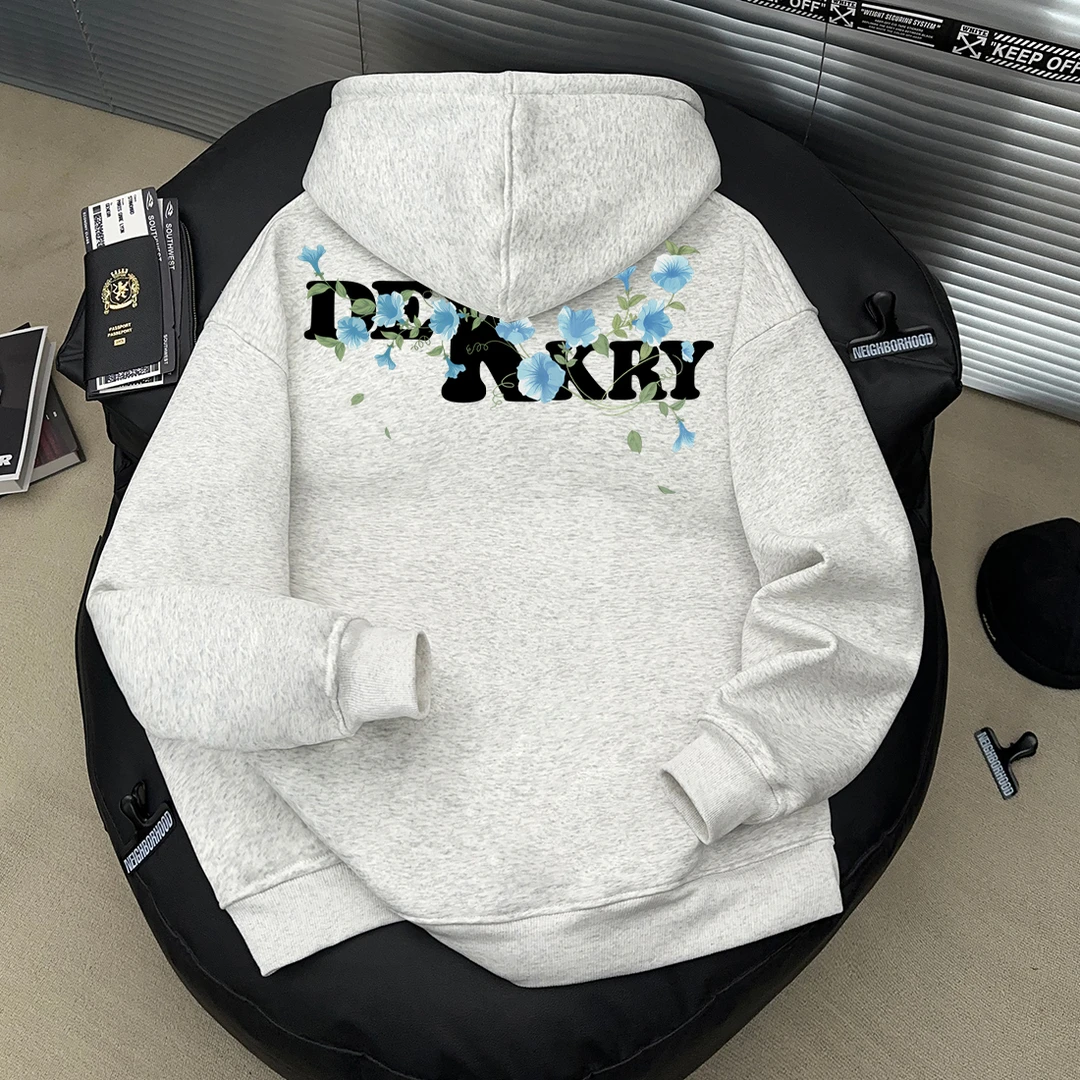 美式创意个性鲜花字母印花无口袋连帽卫衣男女秋冬季休闲情侣上衣