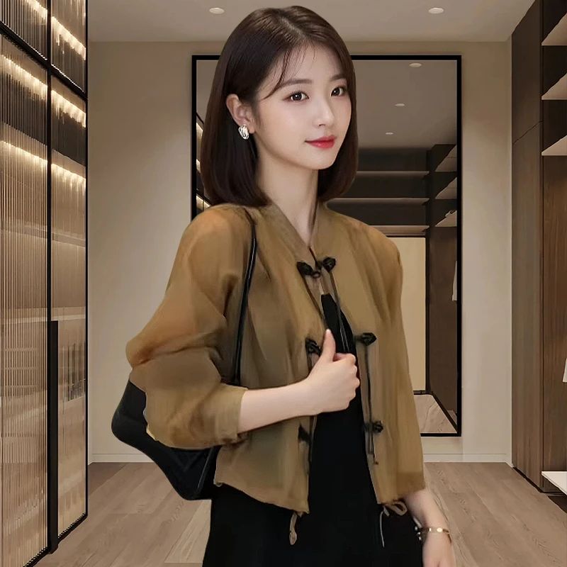 国风盘扣长袖防晒外套女夏季薄款新中式衬衣薄纱上衣小罩衫裙子女