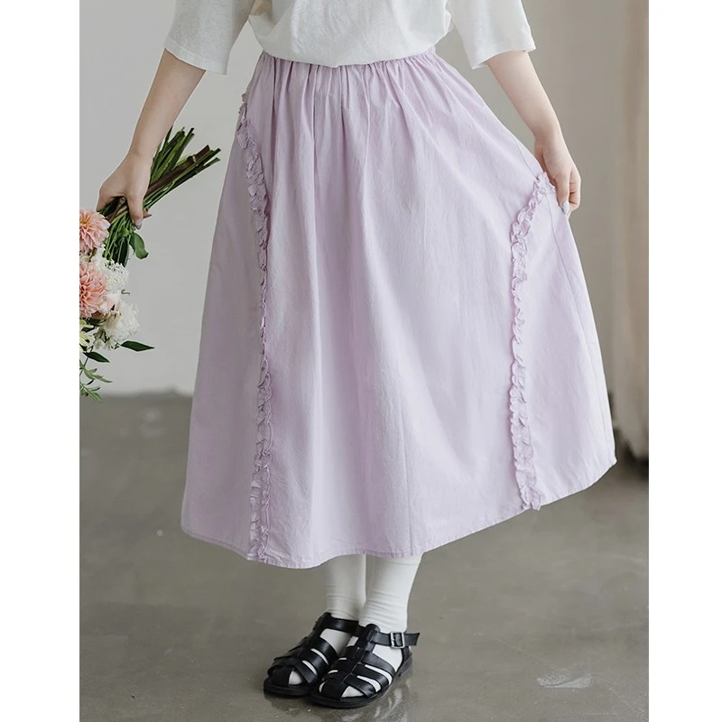古苔浅樱紫a字半身裙 60支新疆长绒棉木耳边显瘦裙子