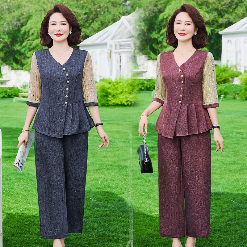 中年妈妈夏季时尚套装新款洋气小衫中袖上衣中老年女春装两件套装