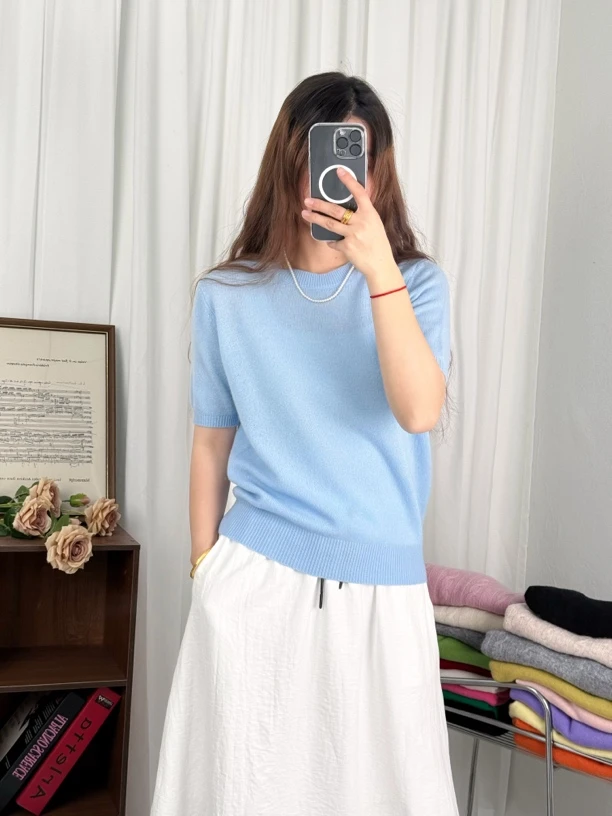 软fufu100%全羊毛-春夏半袖圆领百搭简约宽松针织衫【不可机洗】