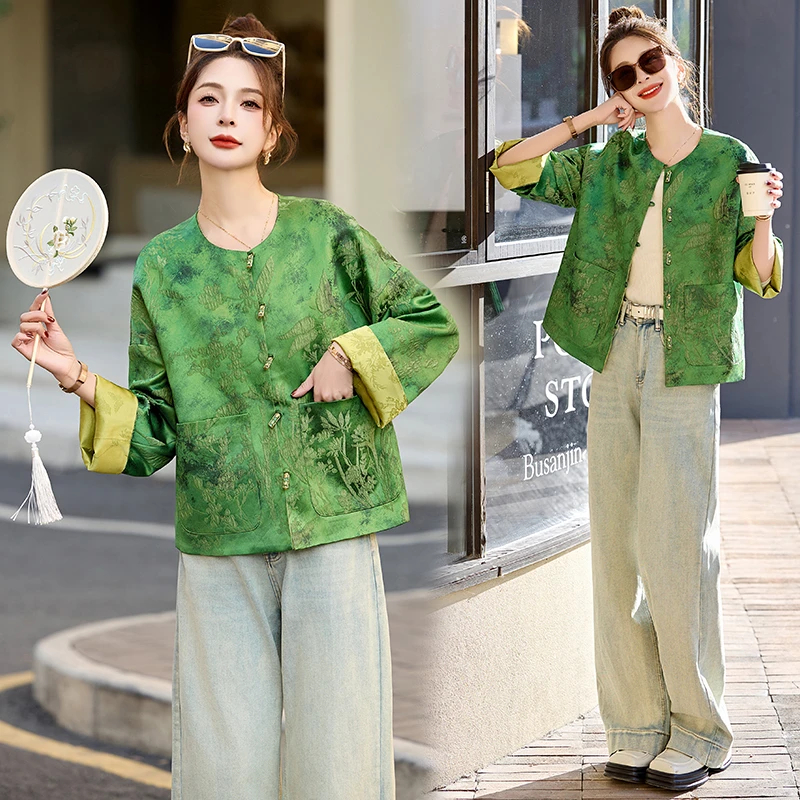 绿色节节高新中式国风提花双面穿外套女2025春爆款古气质薄款上衣